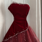 Sleeveless Burgundy Velvet & Tulle Gown | Luxury Elegant Pearl Trim Train Dress for Gala Ball gh6471