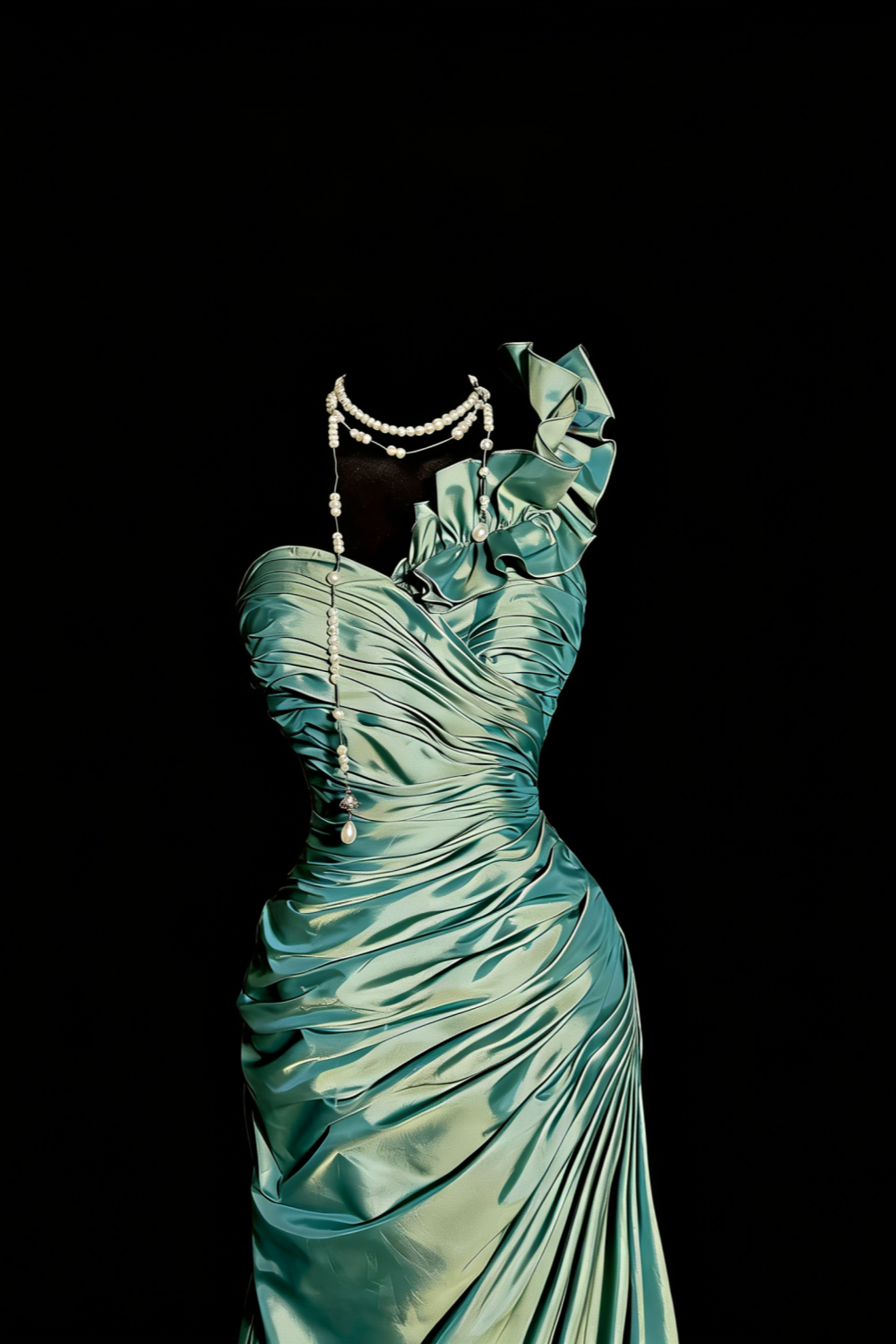 Mint Green One-Shoulder Ruffled Ruched Satin Gown gh7096