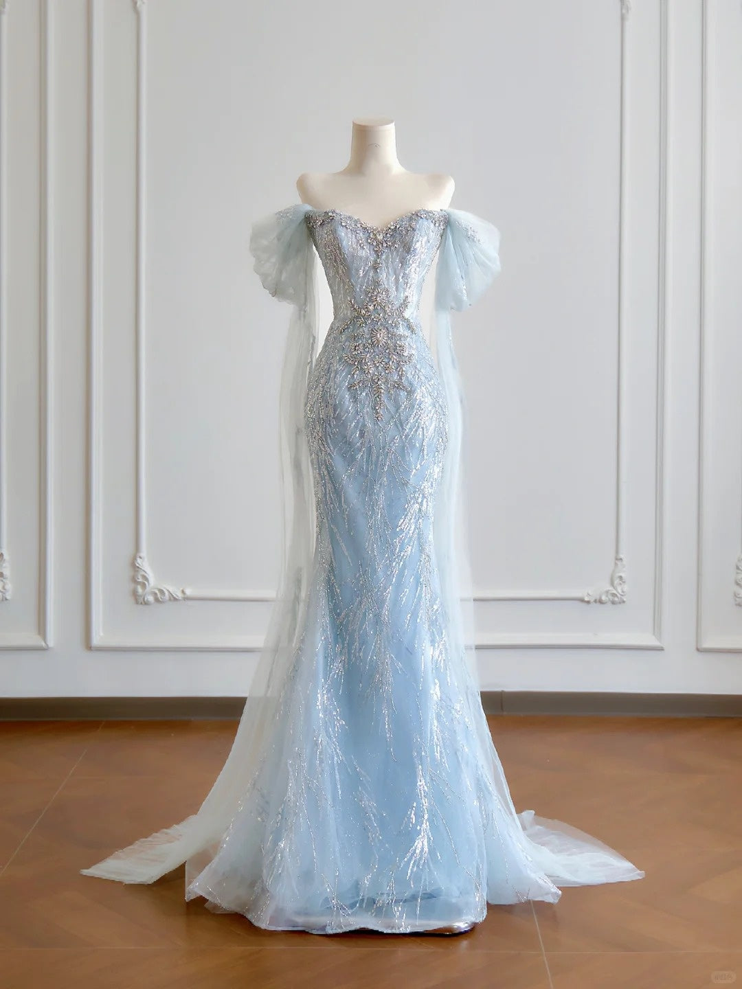 Girlhomeshops--Blue gorgeous exquisite beaded long tulle prom dress gh5485