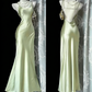 Robe longue sirène dos nu en satin vert menthe clair à fines bretelles - gh6991