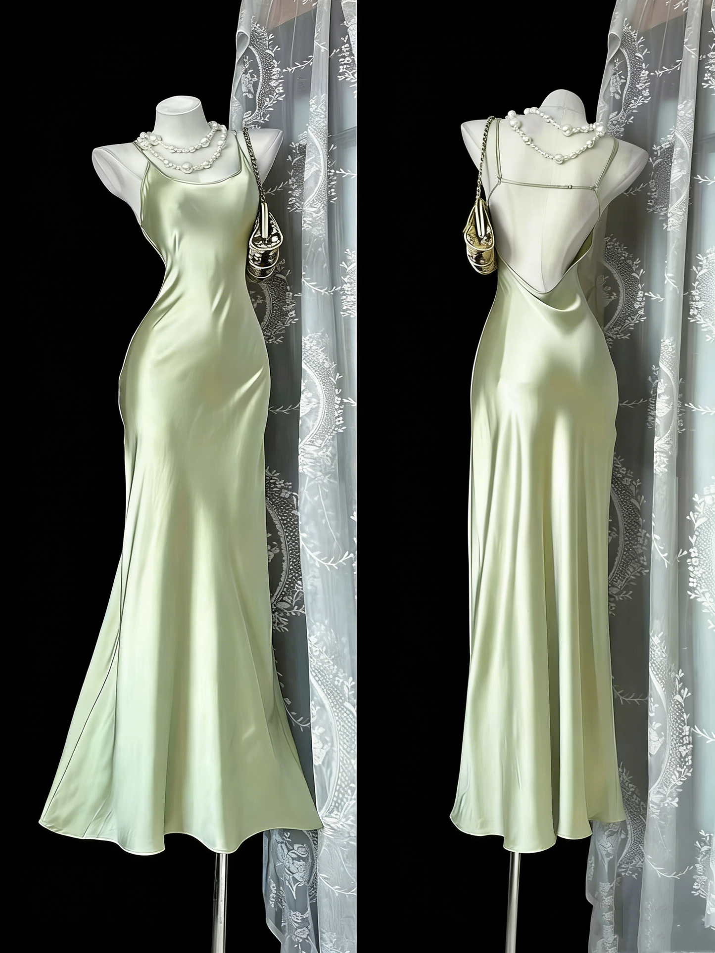Robe longue sirène dos nu en satin vert menthe clair à fines bretelles - gh6991