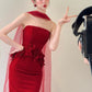 girlhomeshops-Red Floral Bodycon Satin Floor-Length Ball Gown Prom Dressgh5960