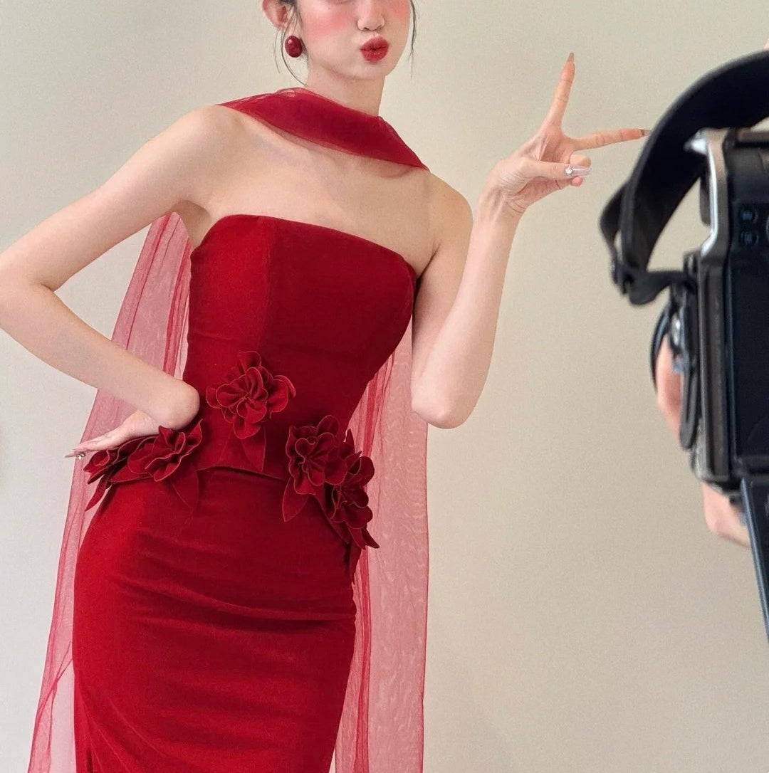 girlhomeshops-Red Floral Bodycon Satin Floor-Length Ball Gown Prom Dressgh5960