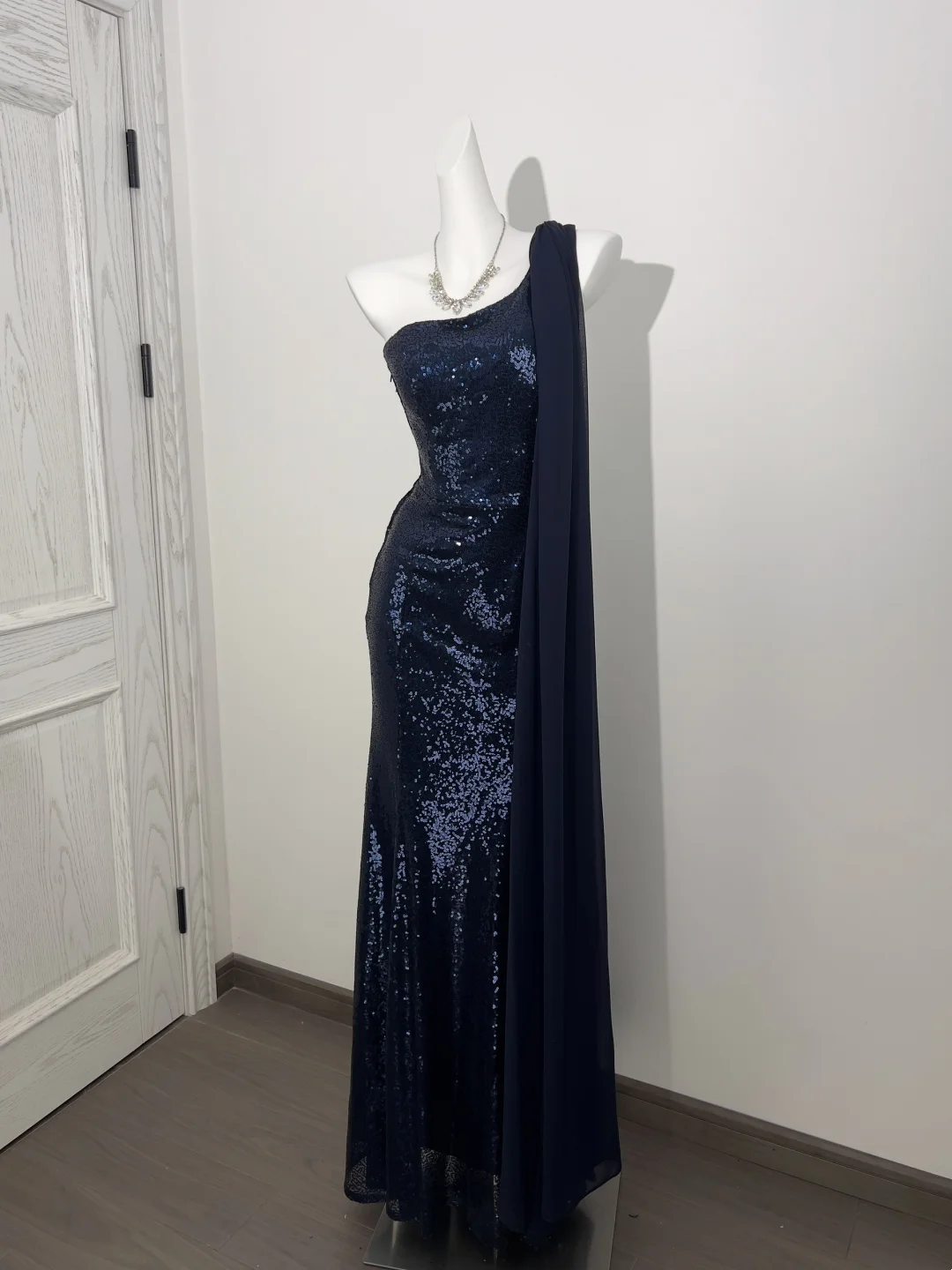 Navy Blue Sequin One-Shoulder Waist-Cinched Elegant Prom Gown, Evening Formal Dress gh7234