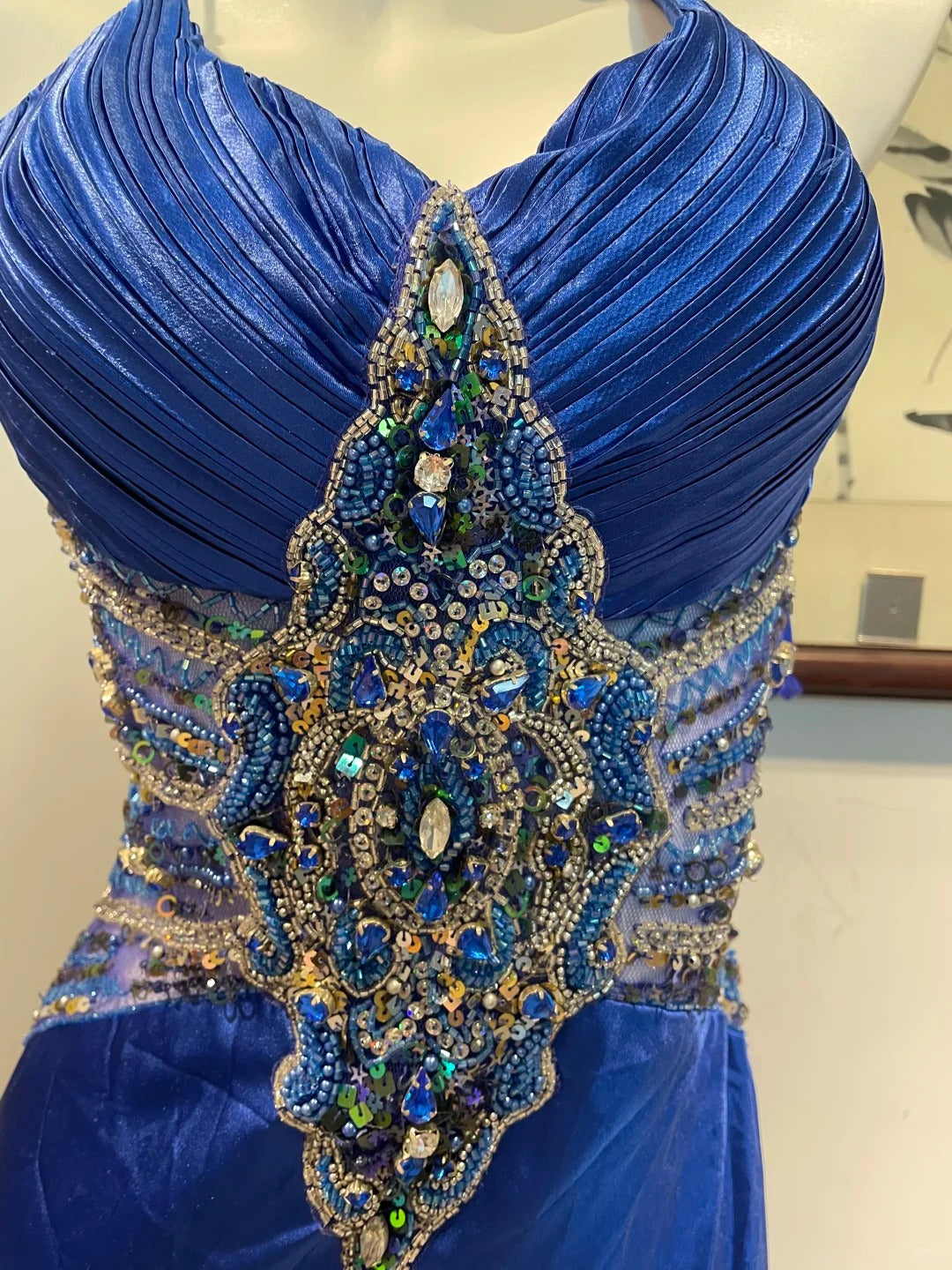 Robe de soirée longue en satin bleu, luxueuse et élégante, avec strass, pour bal de promo, anniversaire, gh4944