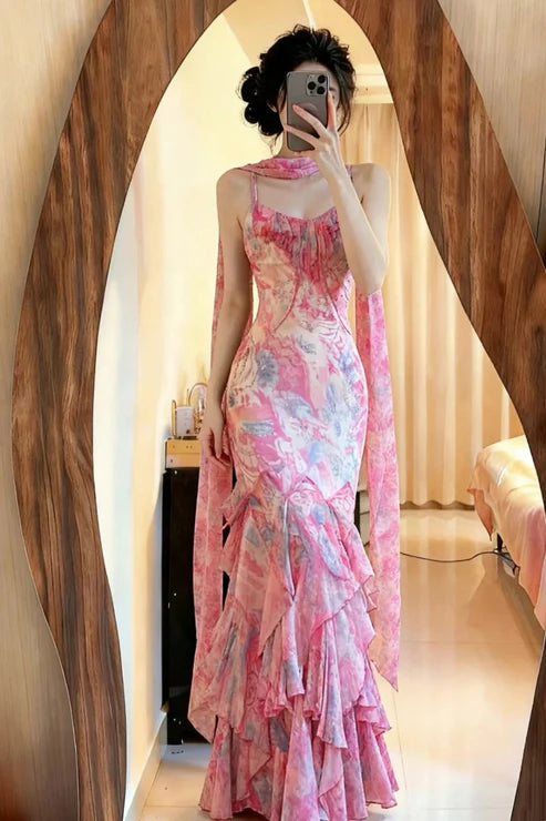 Rosa Elegante Fee Chiffon Ballkleid Abendkleid Partykleid gh4321