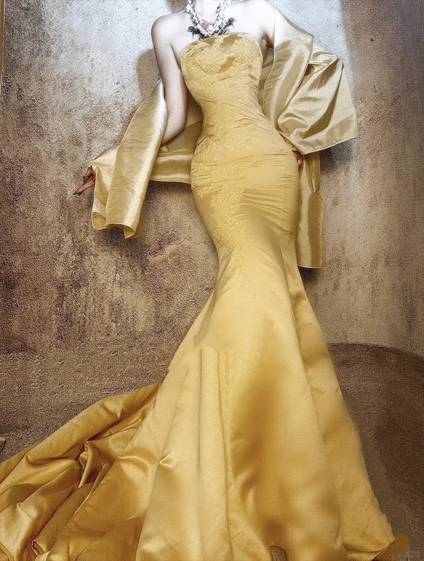 Gelb wunderschöne exquisite Perlen lange Satin Ballkleid Abendkleid Partykleid gh4499