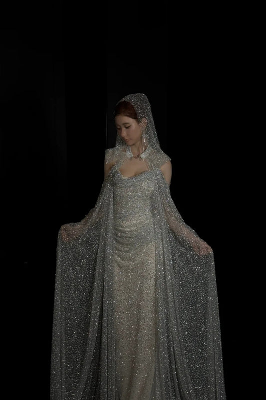 Sparkling and glamorous long evening gown with hood gh6828