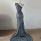 Silber glänzendes, modisches, langes Pailletten-Ballkleid, Abendkleid, Partykleid gh4837
