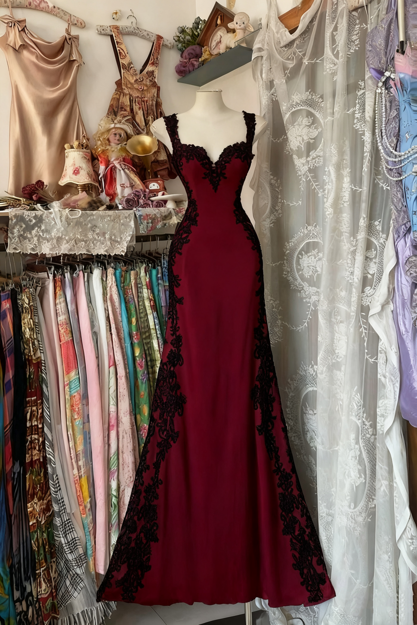 Girlhomeshops - Robe longue fantaisie d'anniversaire style rétro psychédélique en tulle noir et dentelle blanche à bretelles spaghetti gh5883