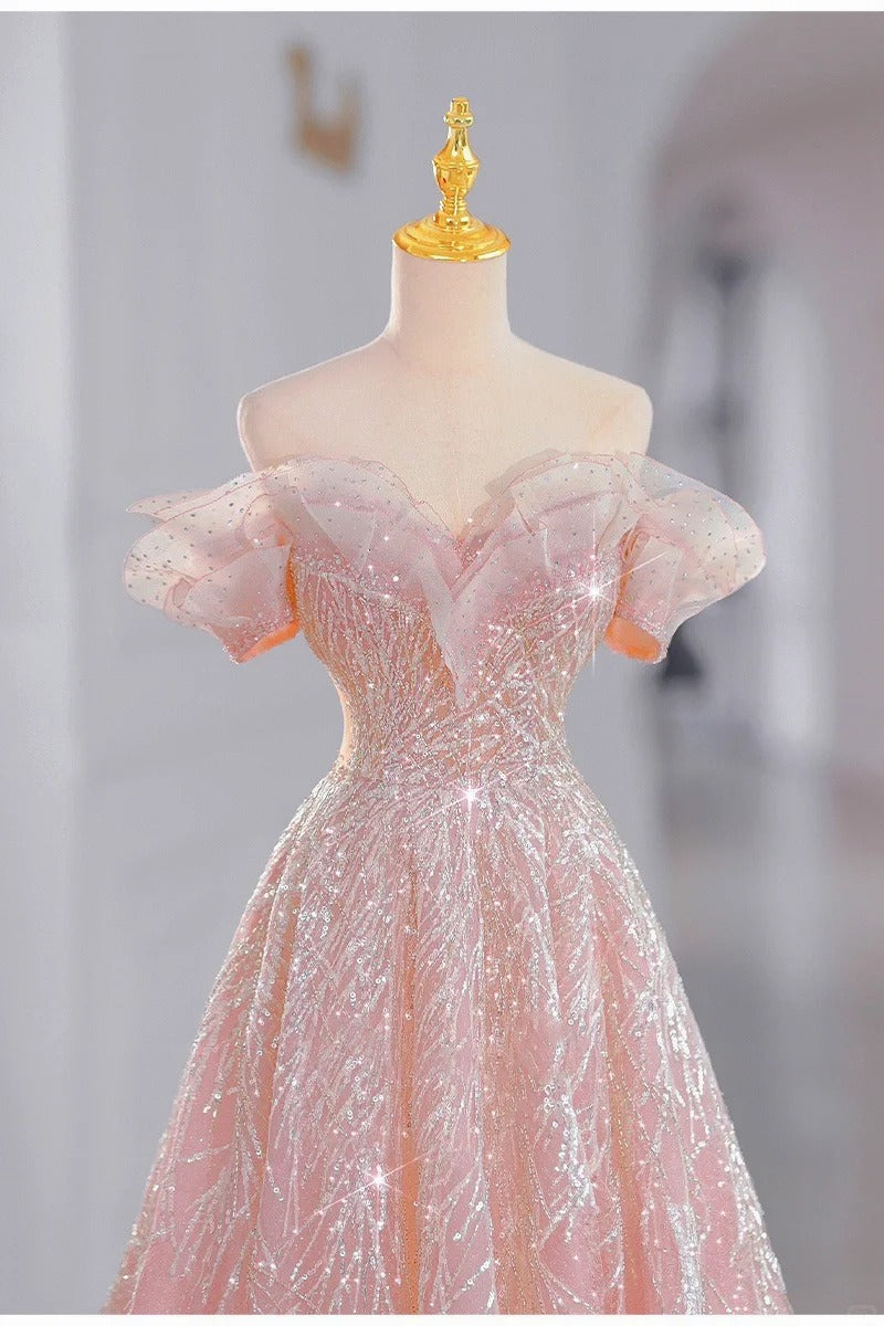 Rosa wunderschöne glänzende verträumte elegante Mode exquisite Perlen lange bodenlangen Schleppe Tüll Ballkleid Abendkleid gh4000