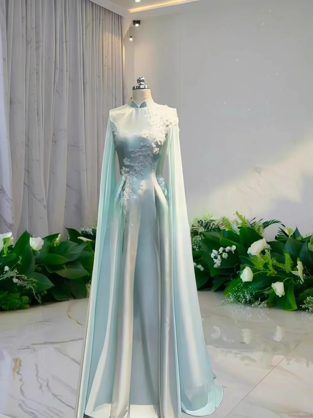Girlhomeshops-Hellgrünes langes Ballkleid aus Satin mit Blumenperlen, Abschlussballkleid, Zeremonienkleid, langärmlig, gh5309