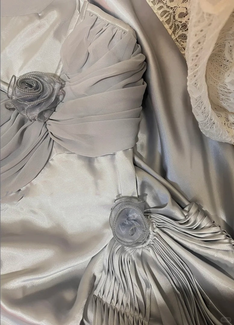 Grey blue floral long satin ball gown, evening gown, graduation gown gh4508