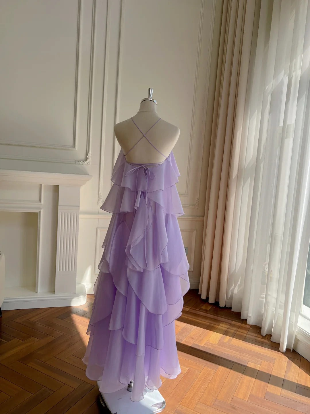 Purple romantic lace long suspender chiffon dress Holiday Dress gh6793