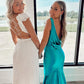 Robe de soirée longue en satin bleu élégant à col en V, robe de soirée pour invités de mariage, gh3343