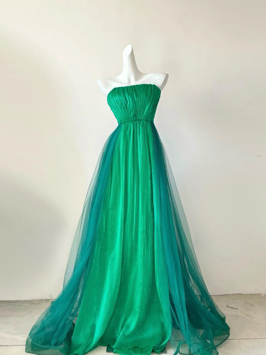 Robe de soirée longue en mousseline de soie et tulle, élégante et unique, dégradé vert, longueur au sol, gh4074