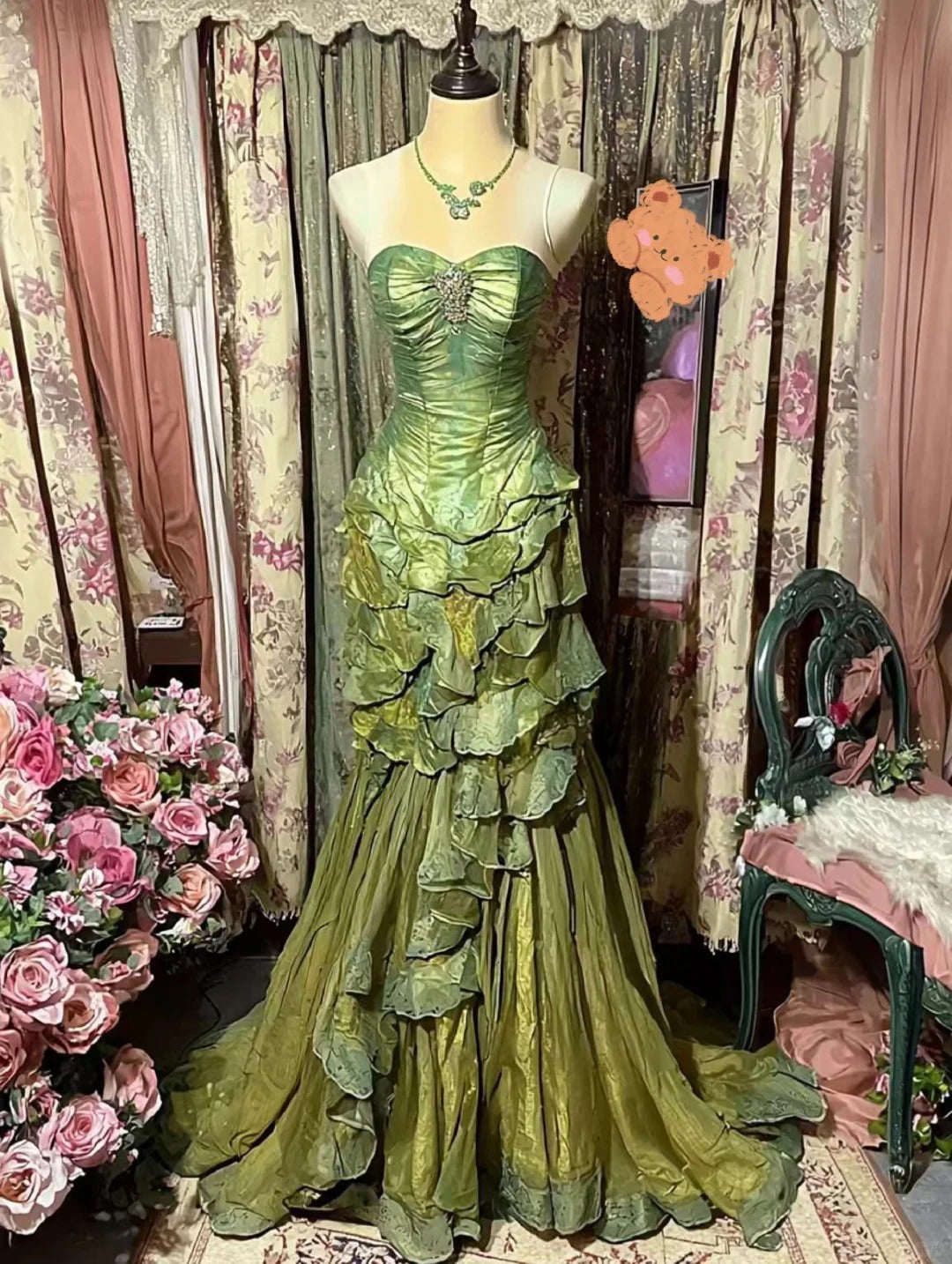 Grün Mode Retro Elegante Exquisite Strass Süße Elegante Lange Tüll Satin Bodenlangen Ballkleid Abendkleid gh4157