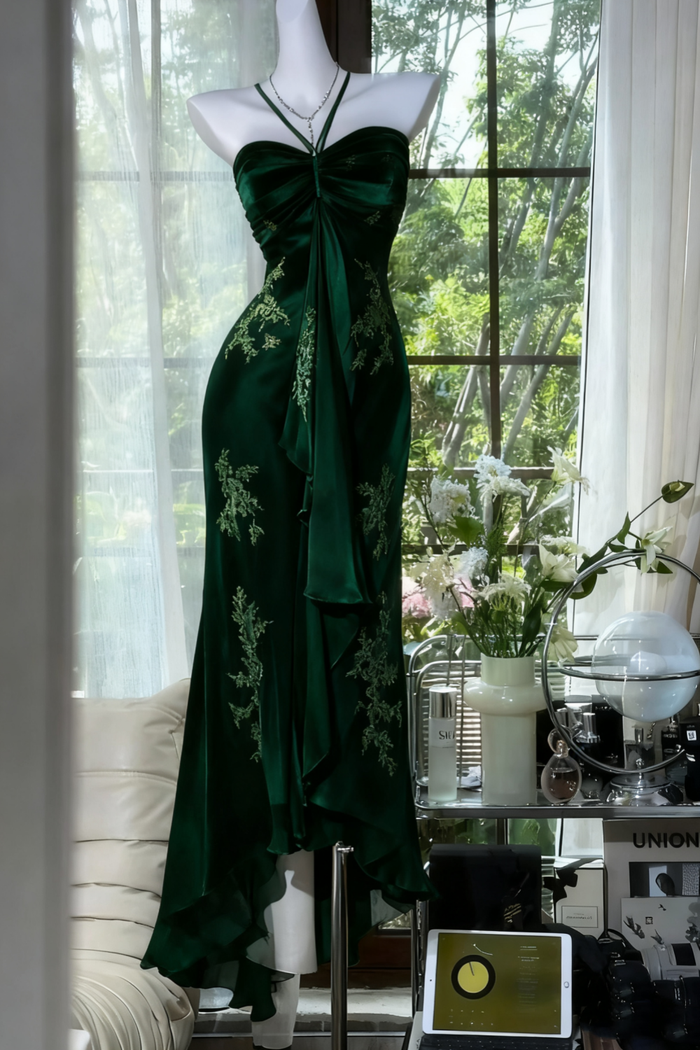 ✨Girlhomeshops-Robe de soirée longue en mousseline de soie, exquise et magnifique, avec perles vertes, gh4987