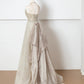 Robe de soirée longue en tulle, élégante et brillante, couleur champagne doré, gh4870