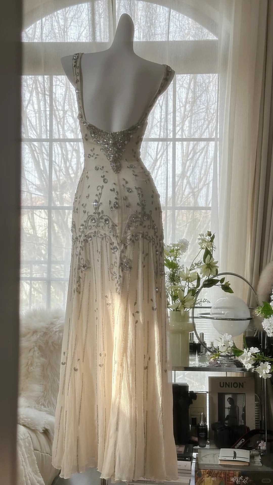 Elfenbeinfarbenes Vintage-Kleid, elegant, glänzend, exquisite Strass-Perlen, langes Chiffon-Ballkleid, Abendkleid, Geburtstagspartykleid, Abschlussballkleid, Abschlusskleid, gh3945