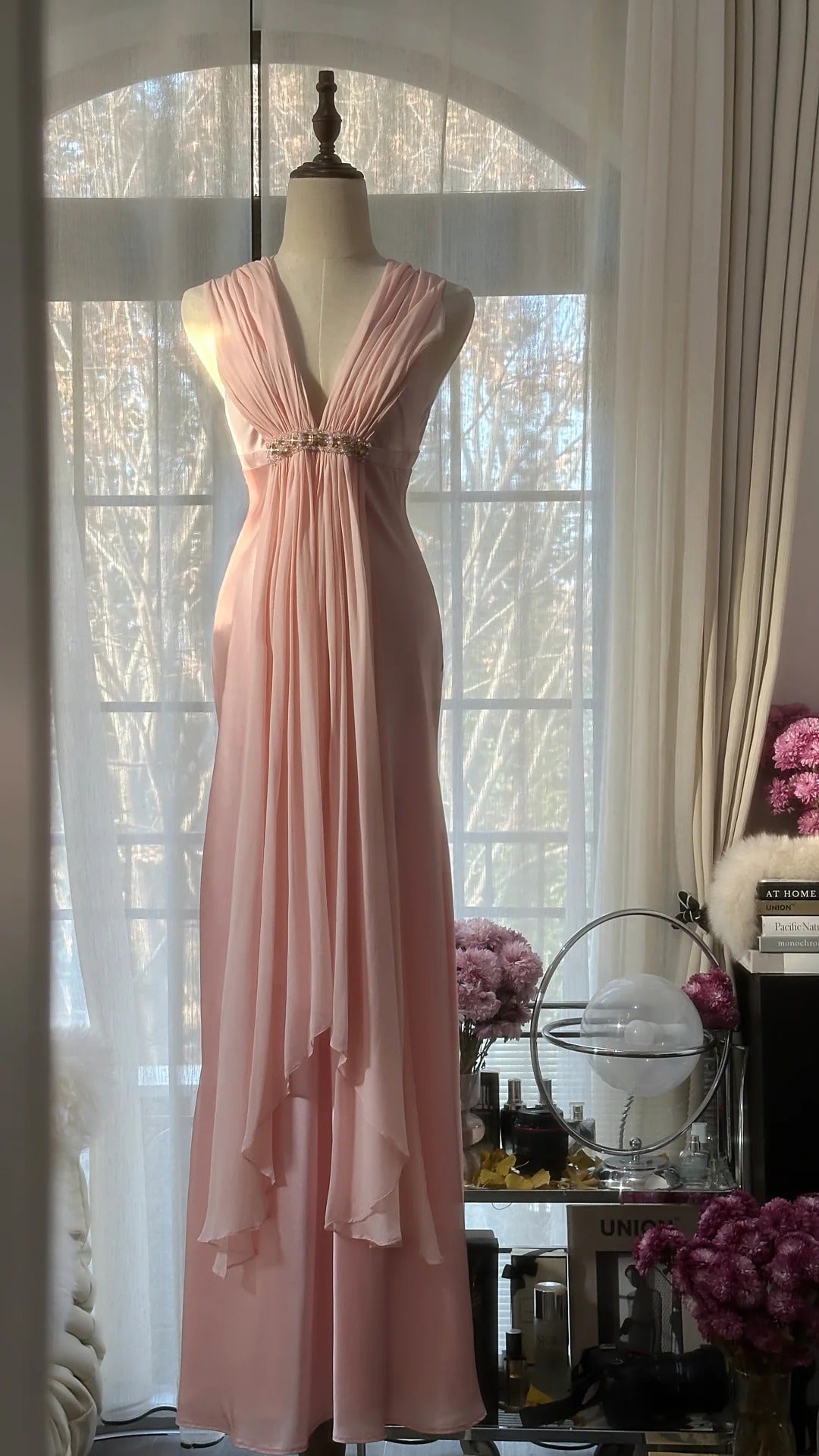 Rosa Elegante Exquisite Strass Lange Satin Chiffon Ballkleid Abendkleid Partykleid Geburtstagskleid Date Kleid gh4163