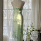 Robe de soirée longue en mousseline de soie, élégante et romantique, à une épaule, avec perles, robe de bal, robe de soirée, d'anniversaire, de vacances, verte, gh4047
