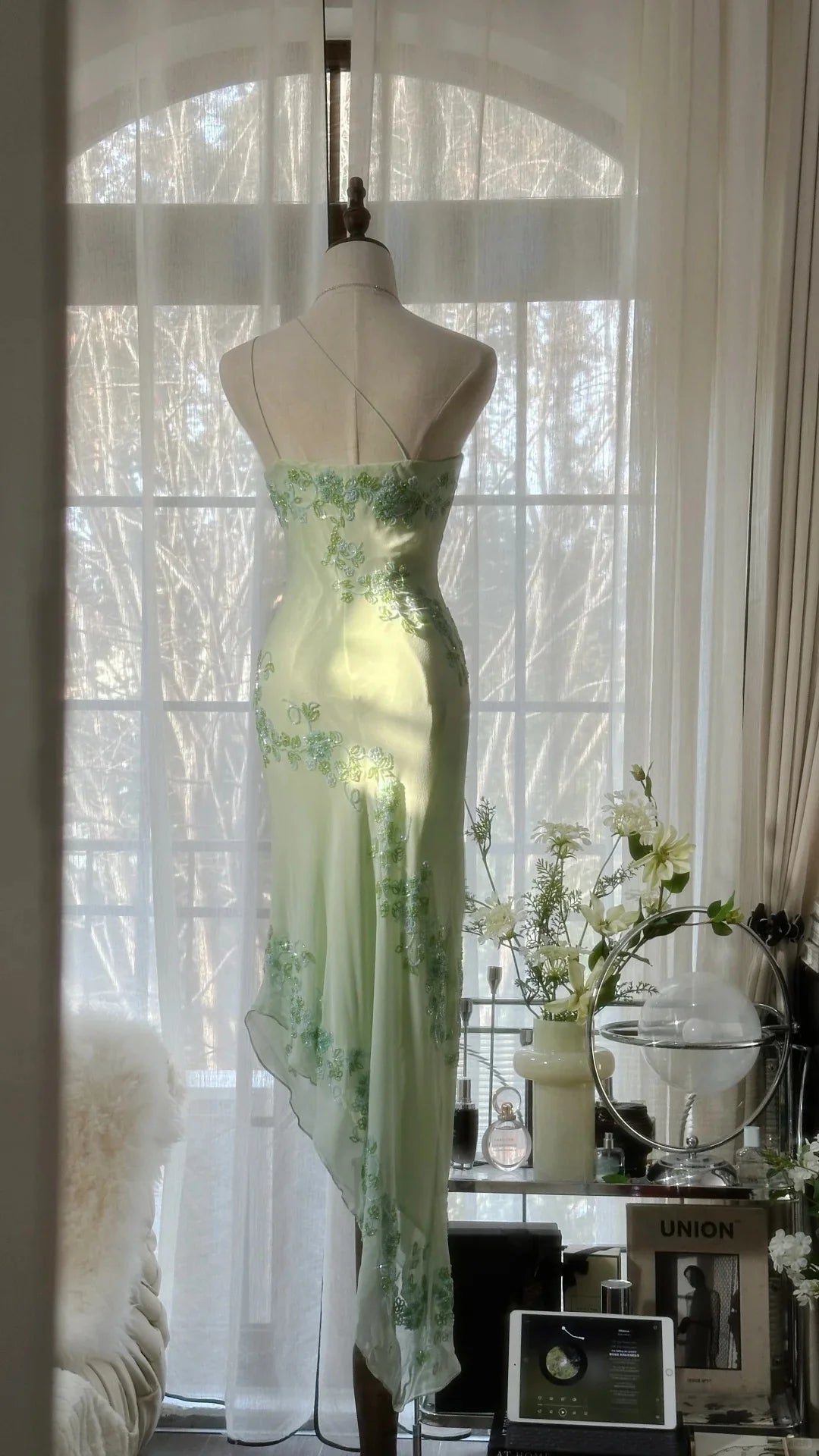 Elfenbein/Grün Vintage Fashion One Shoulder Exquisite Perlen Langes Chiffon Ballkleid Geburtstagspartykleid Cocktailpartykleid Abendkleid Ballkleid gh3971