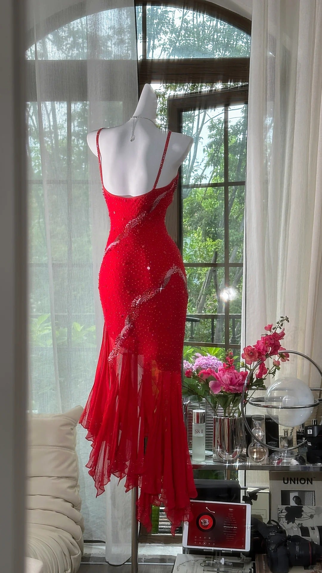 Rotes, glänzendes, perlenbesetztes, langes Chiffon-Ballkleid, Abendkleid, Partykleid, Date-Kleid, Ballkleid, gh4678
