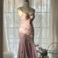 Blassrosa, elegantes, modisches, raffiniertes, perlenbesetztes, herzförmiger Ausschnitt, Spaghettiträger, langes Chiffon-Kleid mit Rüschen, Heimkehrkleid, Ballkleid, Abendkleid, Geburtstags-/Urlaubspartykleid, Ballkleid gh4067