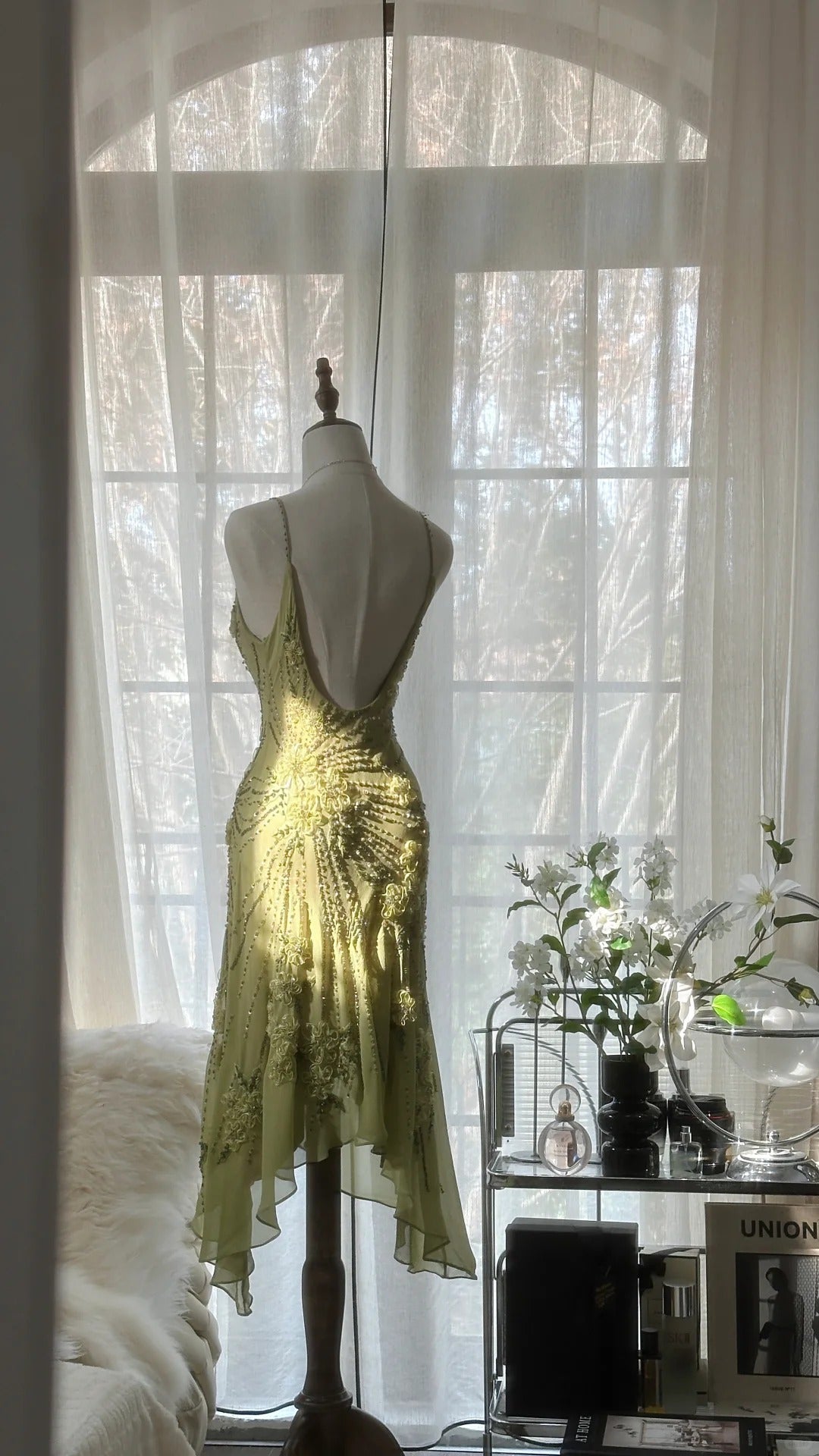 Grün Romantisch Mode Elegant Zarte Blumenapplikation Perlen Spaghettiträger Midi/Kurz Chiffon Rüschen Ballkleid Abendkleid Partykleid gh4060