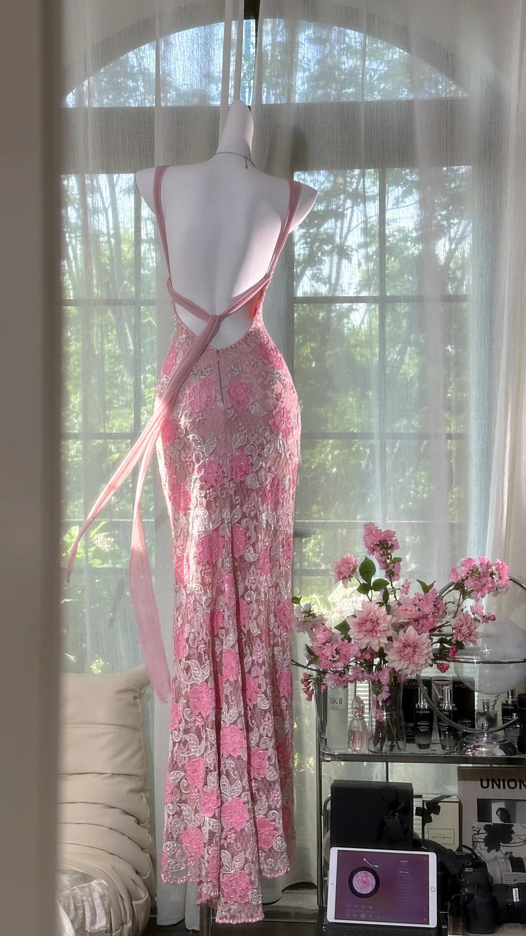 Rosa florales Vintage Perlen Spitzen langes Ballkleid Abendkleid Partykleid gh4819