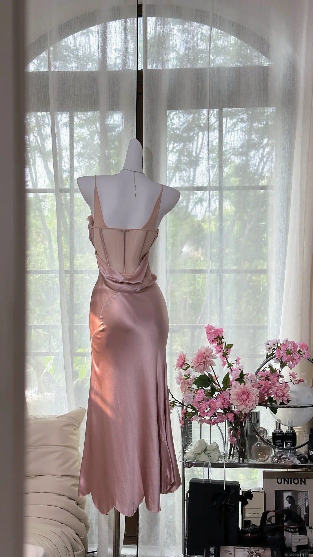 Robe de soirée longue en satin rose, élégante et romantique, sexy, gh4401
