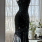 Schwarzes, glänzendes, luxuriöses, wunderschönes, exquisites, perlenbesetztes, langes Meerjungfrauenkleid aus Chiffon, Feenballkleid, Abendkleid, Hochzeitsgast, Partykleid, Ballkleid, Verabredungskleid, Abschlussballkleid, gh3992
