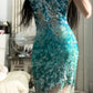 girlhomeshops-Teal-Green Gradient Paquin Halter-Neck Deep V Short Fashion Party Gown gh6380