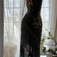 Robe de soirée longue en mousseline de soie noire, style vintage, délicate, à fleurs, avec pompons et perles, pour fête d'anniversaire, bal, gh3972