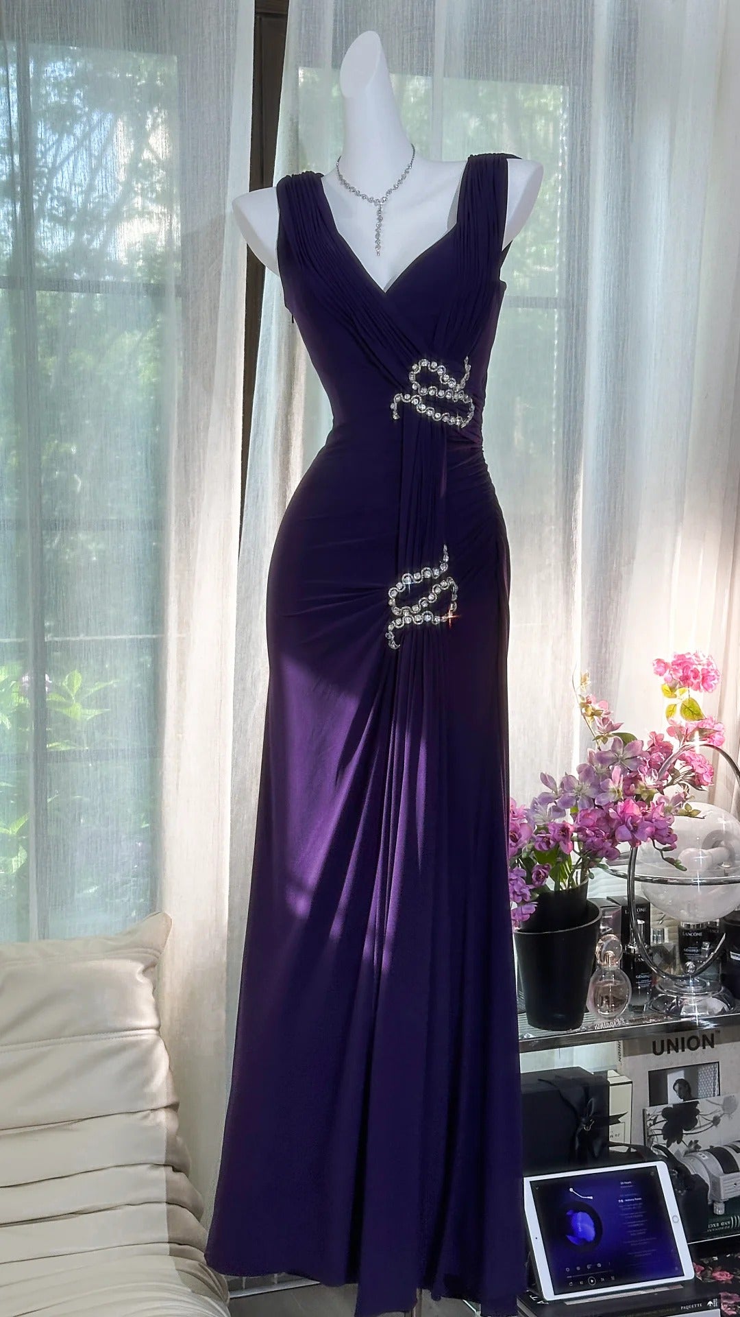 Lila Strass Langes Chiffon Ballkleid Abendkleid Partykleid Date Kleid Ballkleid gh4677