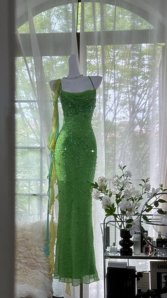 Green Beautiful Charming Fashion Elegant Sparkling Exquisite Sequin Beaded Long Chiffon Ball Gown Evening Gown Birthday Party Gown Prom Gown Graduation Gown gh3946