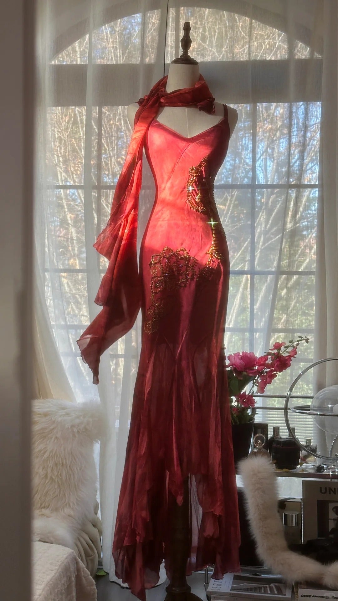 Rot Romantisch Mode Elegant Exquisite Lotus Gold Perlen Lang Chiffon Fischschwanz Rock Meerjungfrau Schlank Ballkleid Abendkleid Geburtstag/Hochzeitsgast/Urlaub Partykleid Ballkleid Valentinstag Date Kleid gh4029