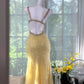 Hellgelb, wunderschön glänzend, modisch, elegant, exquisite Perlen, lang, rückenfrei, Tüll, Ballkleid, Abendkleid, Geburtstags-/Hochzeitsgast-/Feiertagspartykleid, Ballkleid, Valentinstags-Date-Kleid, gh4034