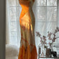 Robe de soirée longue en satin et mousseline de soie, motif floral délicat, orange, bretelles spaghetti, gh4093