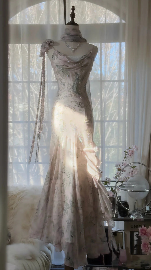 Pink Romantic Fashion Elegant Exquisite Beaded Spaghetti Straps Long Tulle Chiffon Ruffle Ball Gown Evening Dress Party Dress gh4057