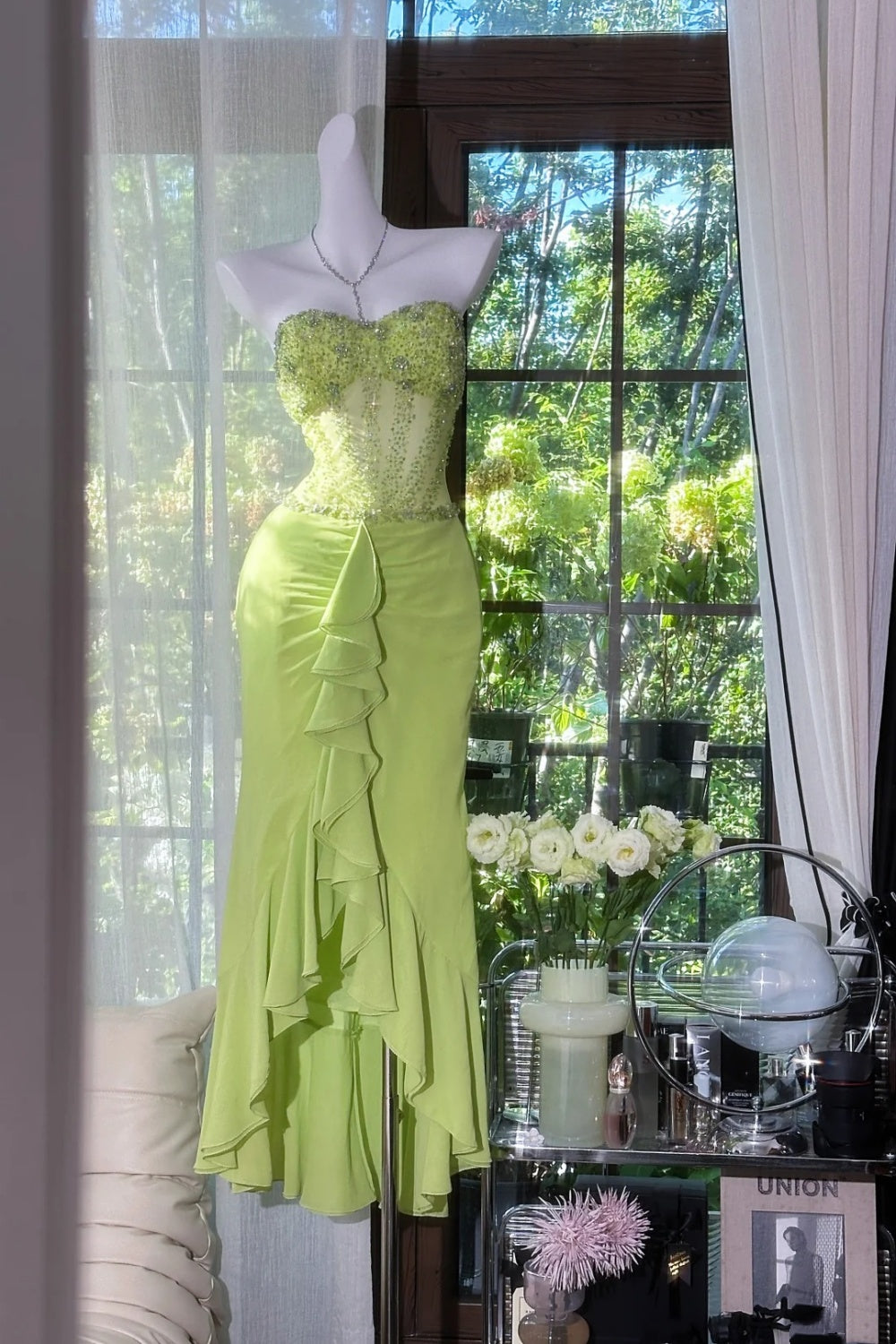 Grünes romantisches Feenkleid aus Chiffon mit exquisiter Perlenverzierung, langes Date-Kleid, Partykleid gh6910