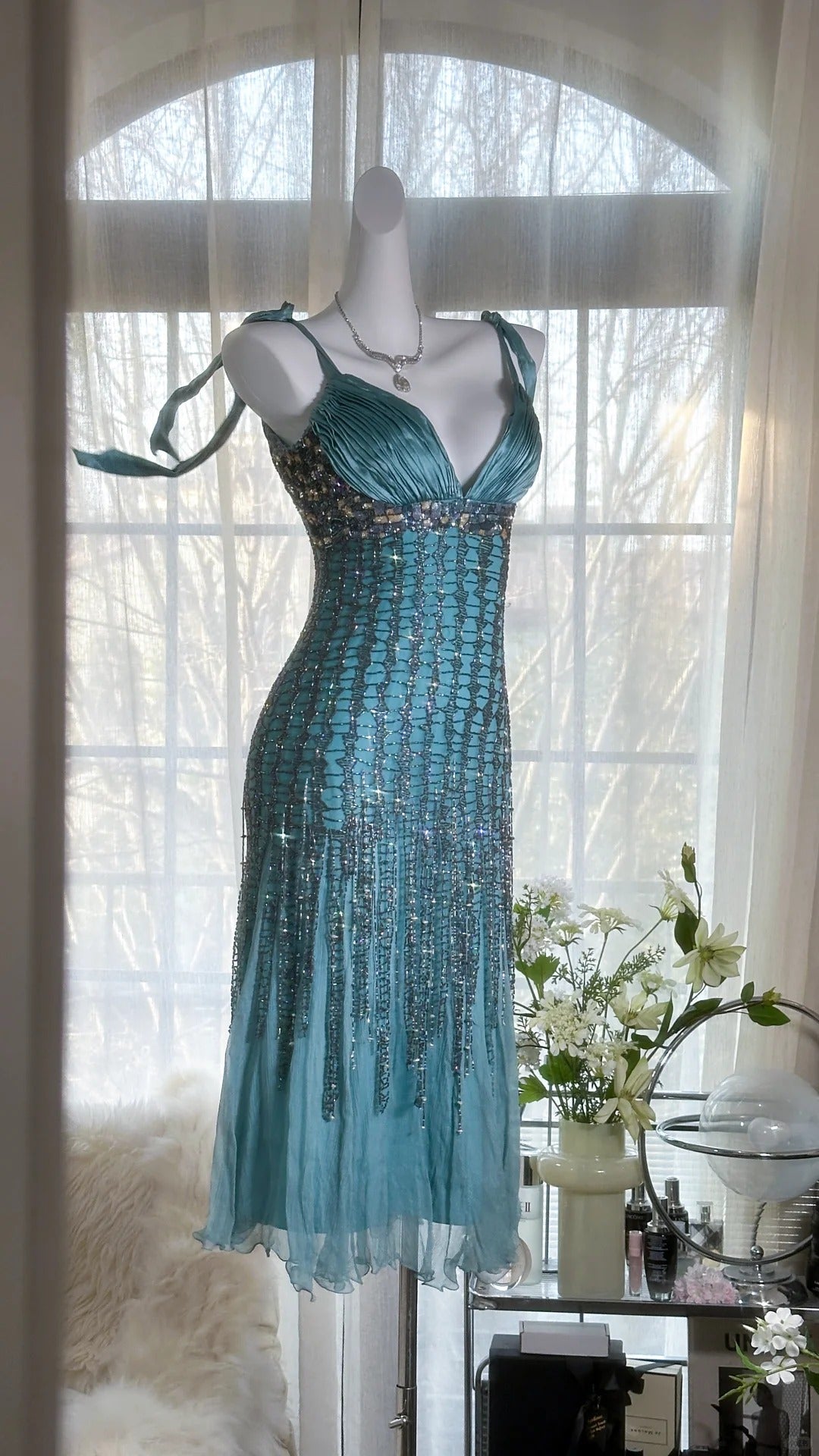 Grün Luxus Wunderschöne Retro Mode Exquisite Quaste Perlen Midi-Länge Chiffon Ballkleid Geburtstag Party Kleid Abendkleid Ballkleid gh3973