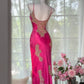 Rosa geblümtes Ballkleid, lang, Satin, Date-Kleid, Abendkleid, Geburtstagskleid, Hochzeitskleid, gh4533
