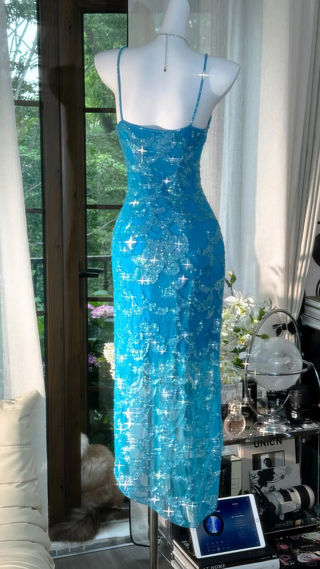 Blaues funkelndes Ballkleid, langes Chiffon-Ballkleid, Abendkleid, Geburtstagskleid, Hochzeitskleid, gh4528