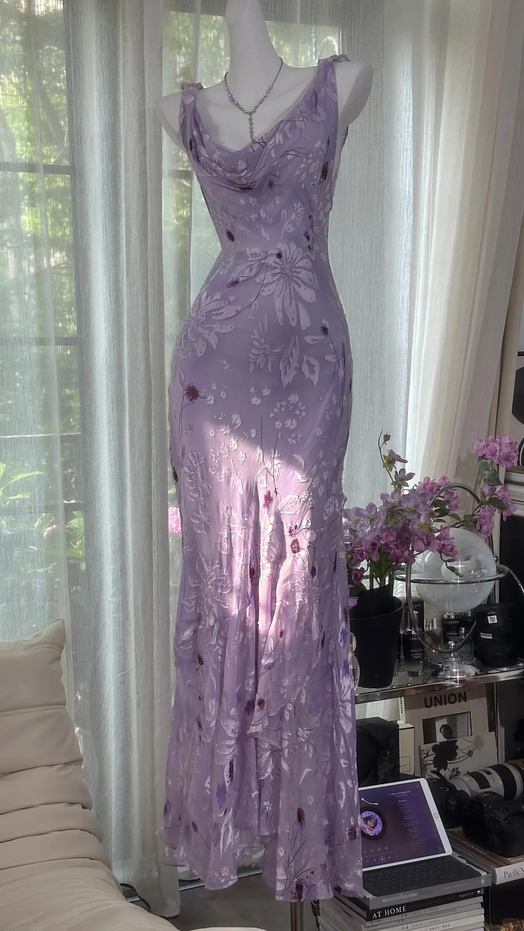 Girlhomeshops - Lila Blumenmuster Elegantes Langes Chiffon Ballkleid Abendkleid Partykleid Date Kleid gh5080