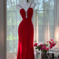 Rotes langes Satin-Ballkleid mit Strasssteinen, Abendkleid, Partykleid, Date-Kleid, Ballkleid gh4679