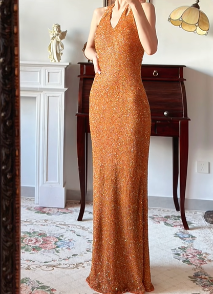 Caramel‑Orange‑Sparkly‑Vintage Halter‑V‑Neck All‑Over‑Hand‑Beaded‑Sequin Bodycon Floor‑Length Column‑Mermaid Evening Prom Gown gh8816