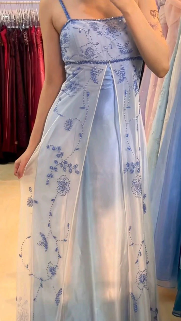 Girlhomeshops--Blue and white exquisite floral strap fashion long tulle floor-length ball gown graduation dress gh5520