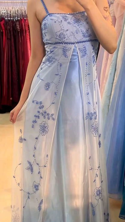 Girlhomeshops--Blue and white exquisite floral strap fashion long tulle floor-length ball gown graduation dress gh5520